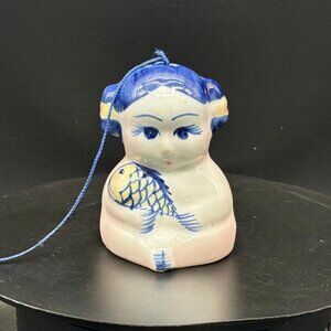 Vintage Unique Asian Oriental Figural Blue/White Porcelain Bell Girl and Fish